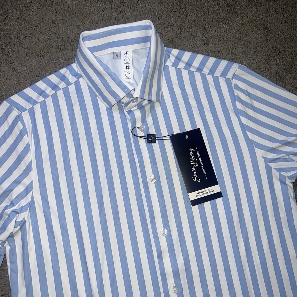 State & Liberty Greyson Button Down Mens M Blue White Stripe Stretch Athletic